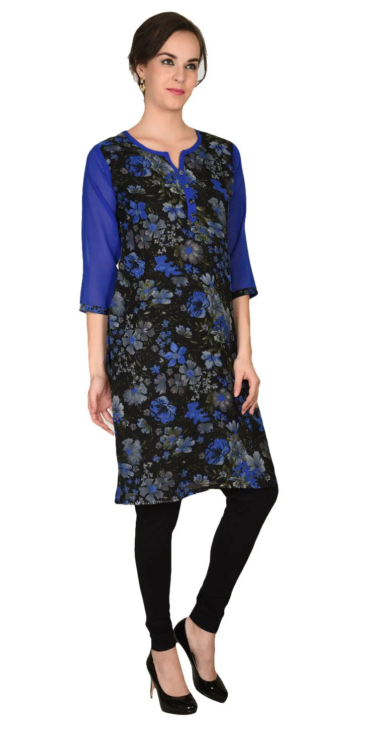 India Tunic Top Long Kurti Georgette Womens Printed Indian Clothing (Blue)