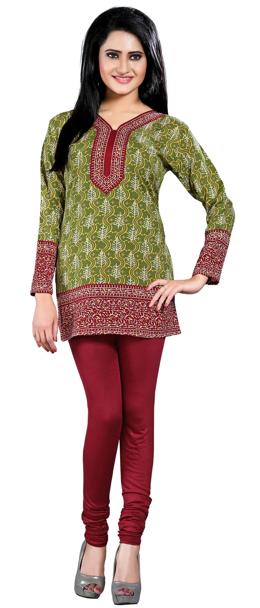 Kurti Top Long Tunic Womens Printed Blouse India Clothing (Green)