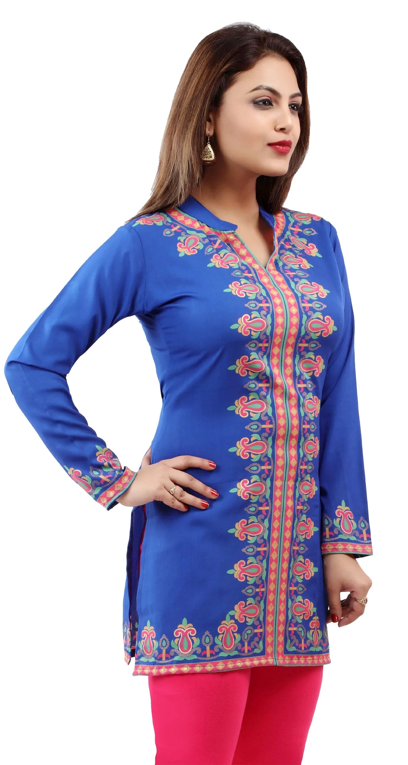 Kurti Top Tunic Women's Printed Blouse India Clothing (Blue)