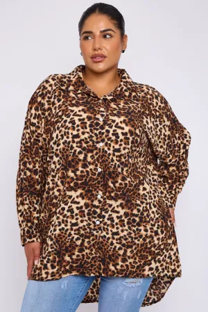 Leopard Print Collar High Low Hem Shirt