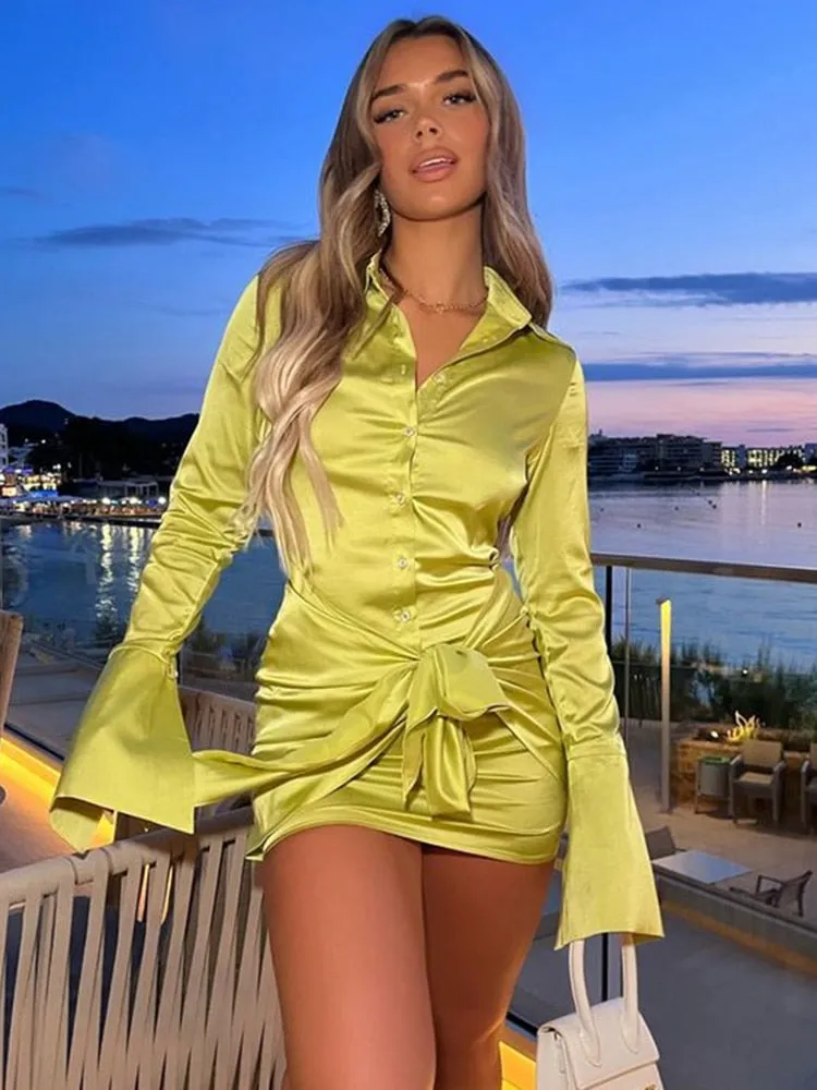 Long Sleeve Bandage Satin Mini Dresses Women's Vacation Turn Down Collar Sexy Party Dress Femme Evening Clothes