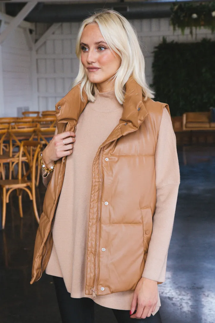 Madeline Faux Leather Full Length Puffer Vest, Camel