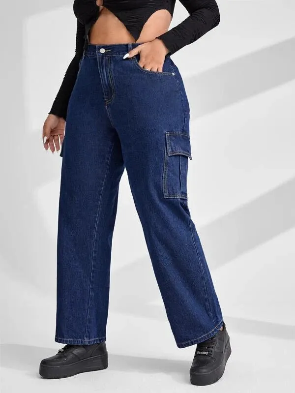 Midnight Blue Straight Fit Plus Size Cargo Jeans