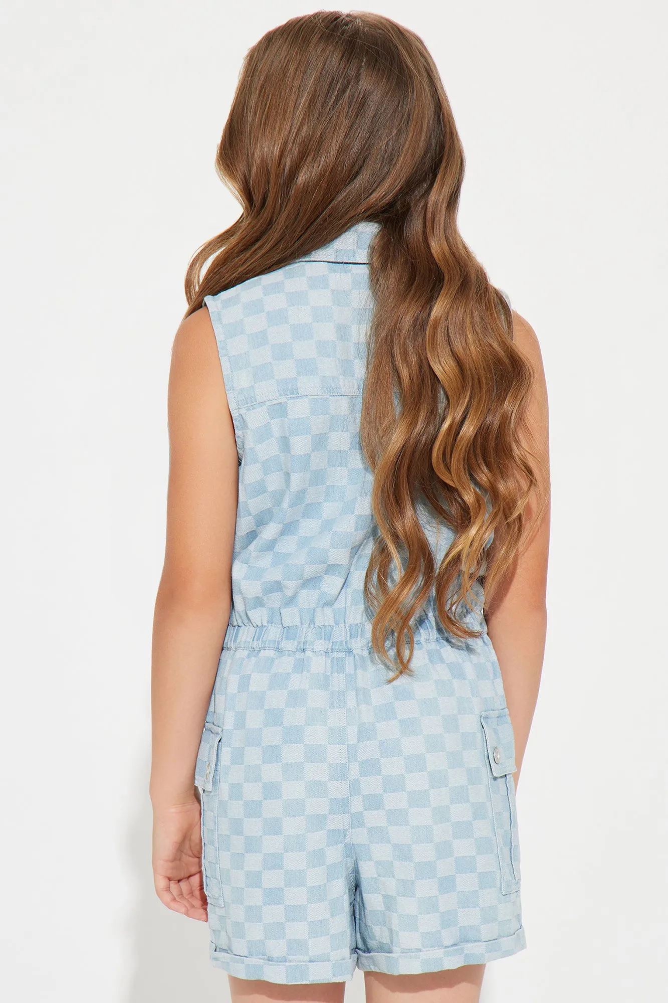 Mini Checkered Girly Denim Romper - Light Wash