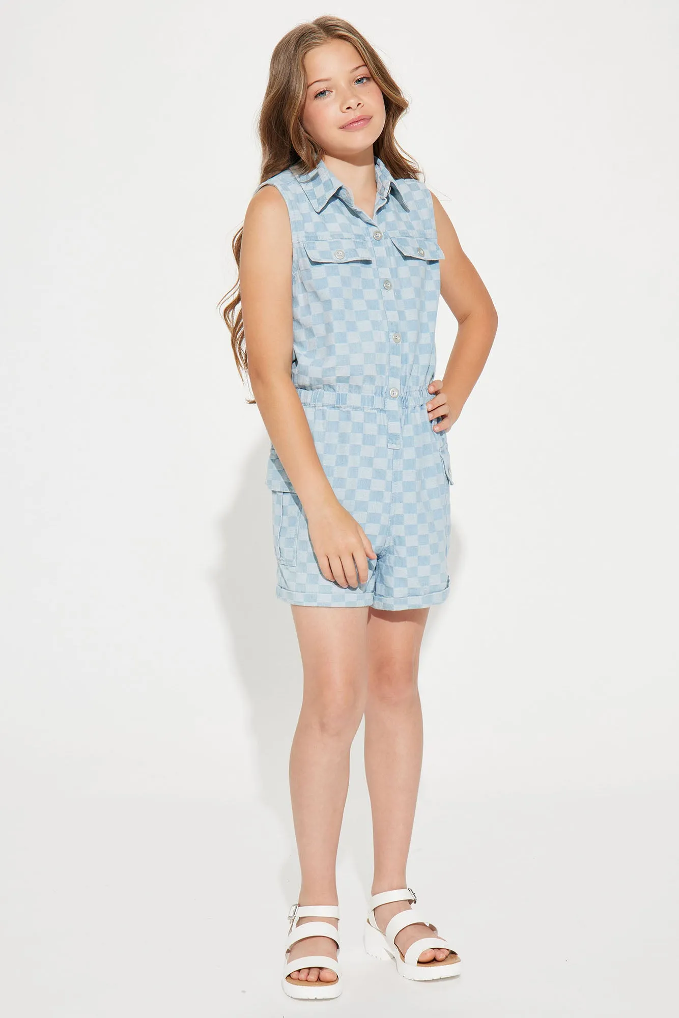 Mini Checkered Girly Denim Romper - Light Wash