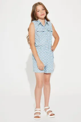 Mini Checkered Girly Denim Romper - Light Wash