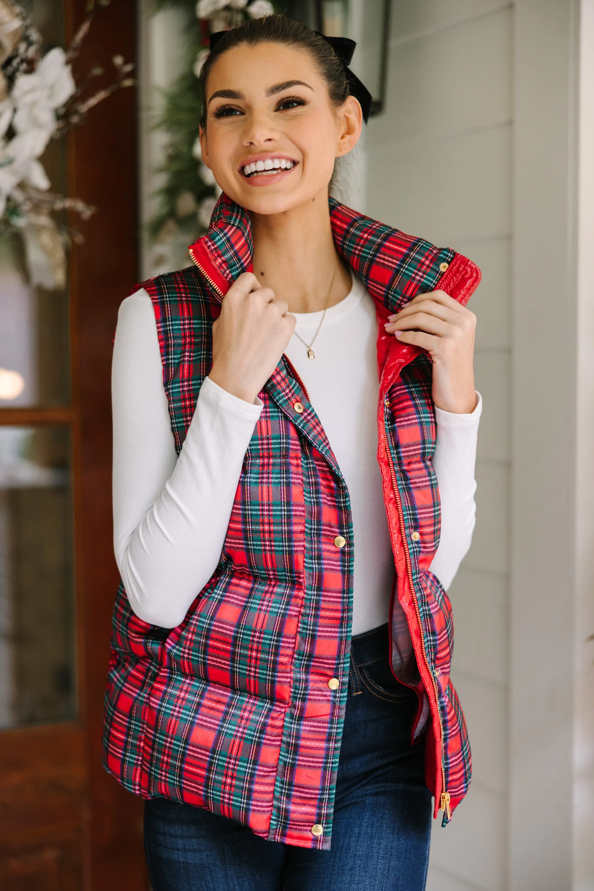 More The Merrier Red Tartan Plaid Puffer Vest