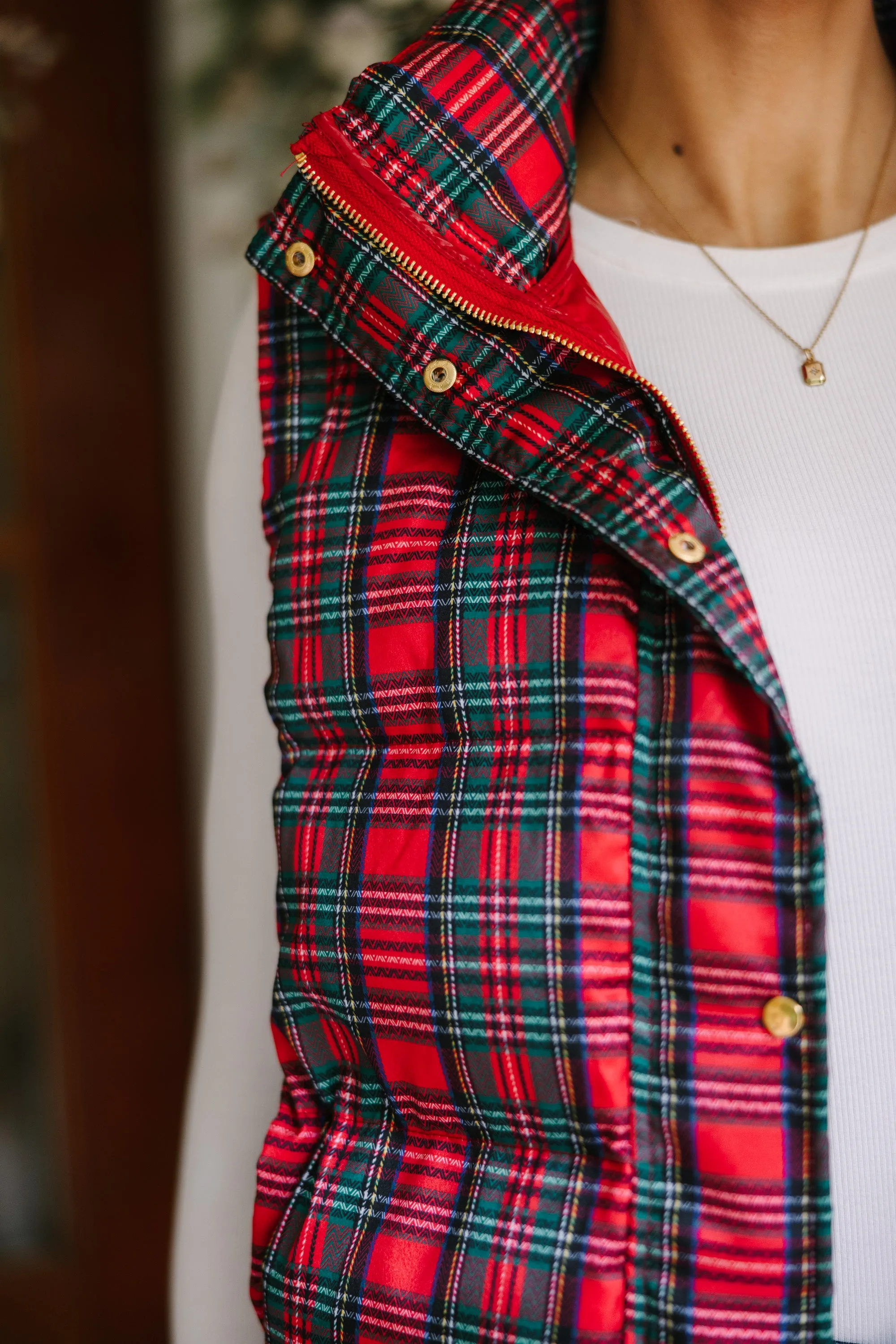 More The Merrier Red Tartan Plaid Puffer Vest