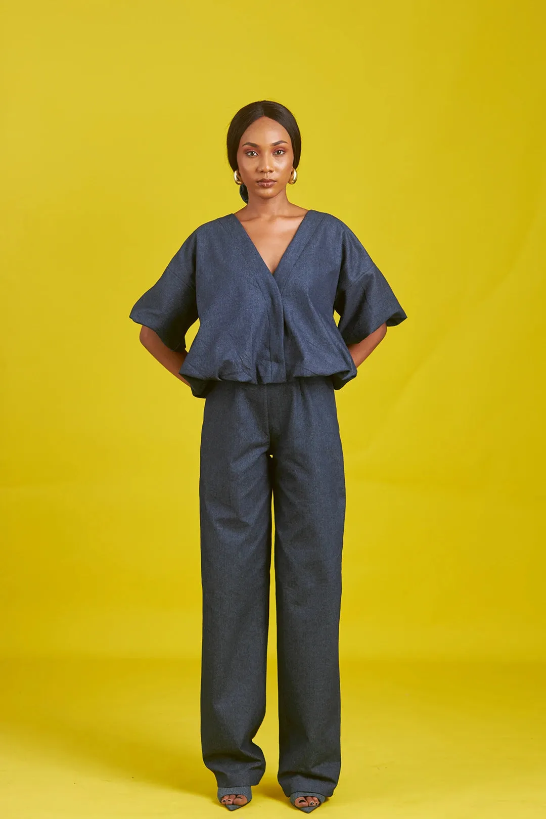 M.O.T Amaka denim set, Short-sleeve jacket and Fitted straight-leg pants