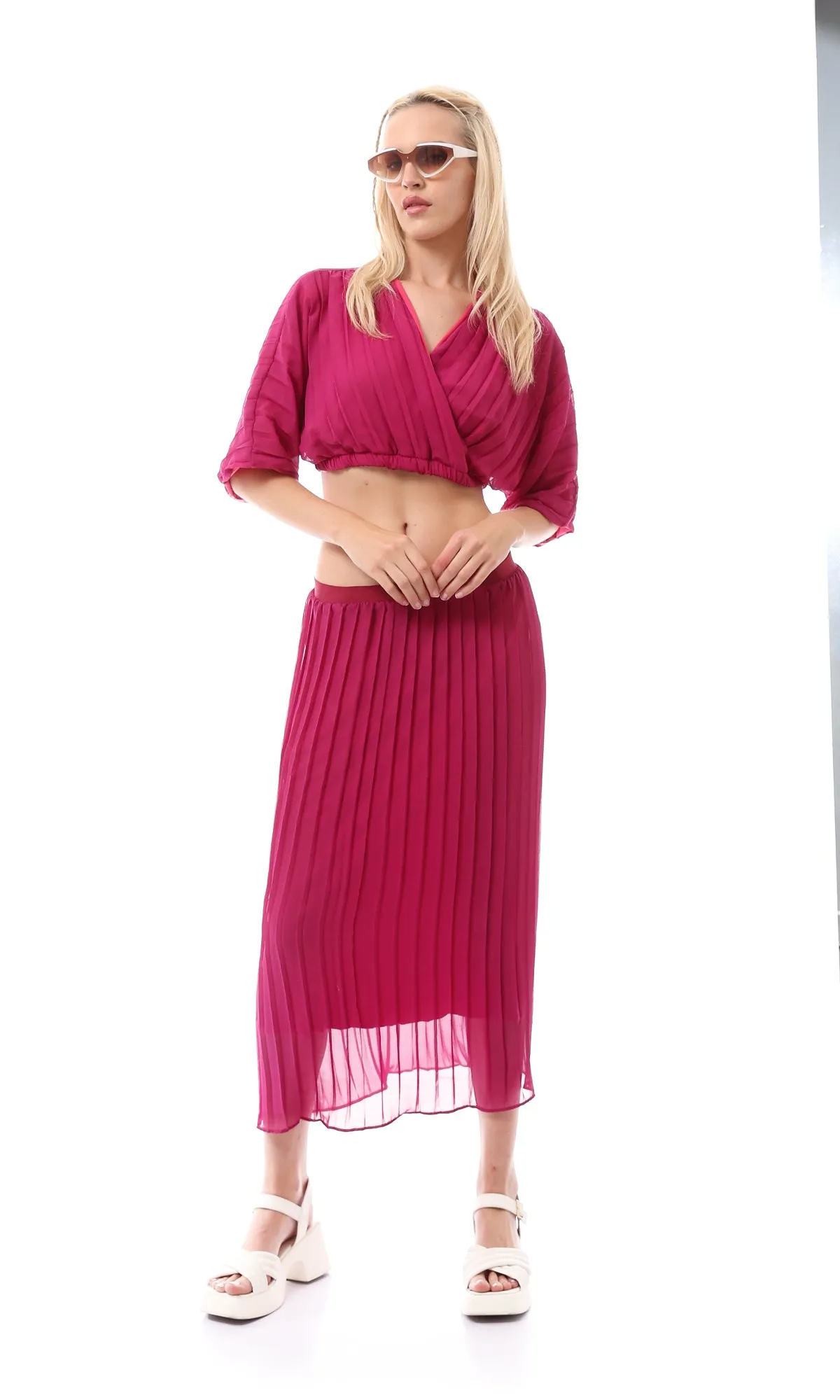 O166416 Elastic Waist Dark Fuchsia Plisse Skirt