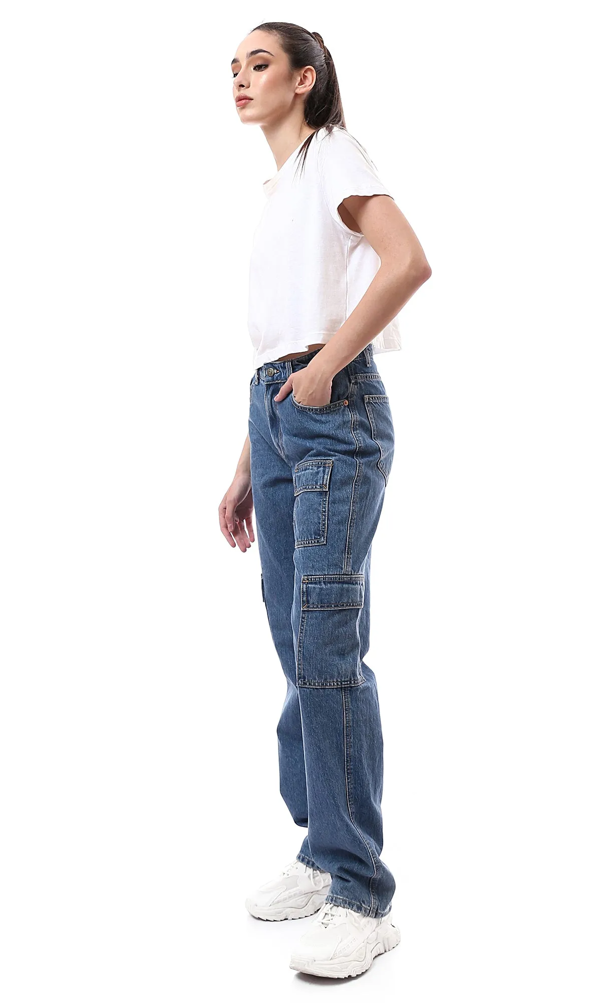 O175796 Solid Standard Blue Wide Leg Cargo Jeans