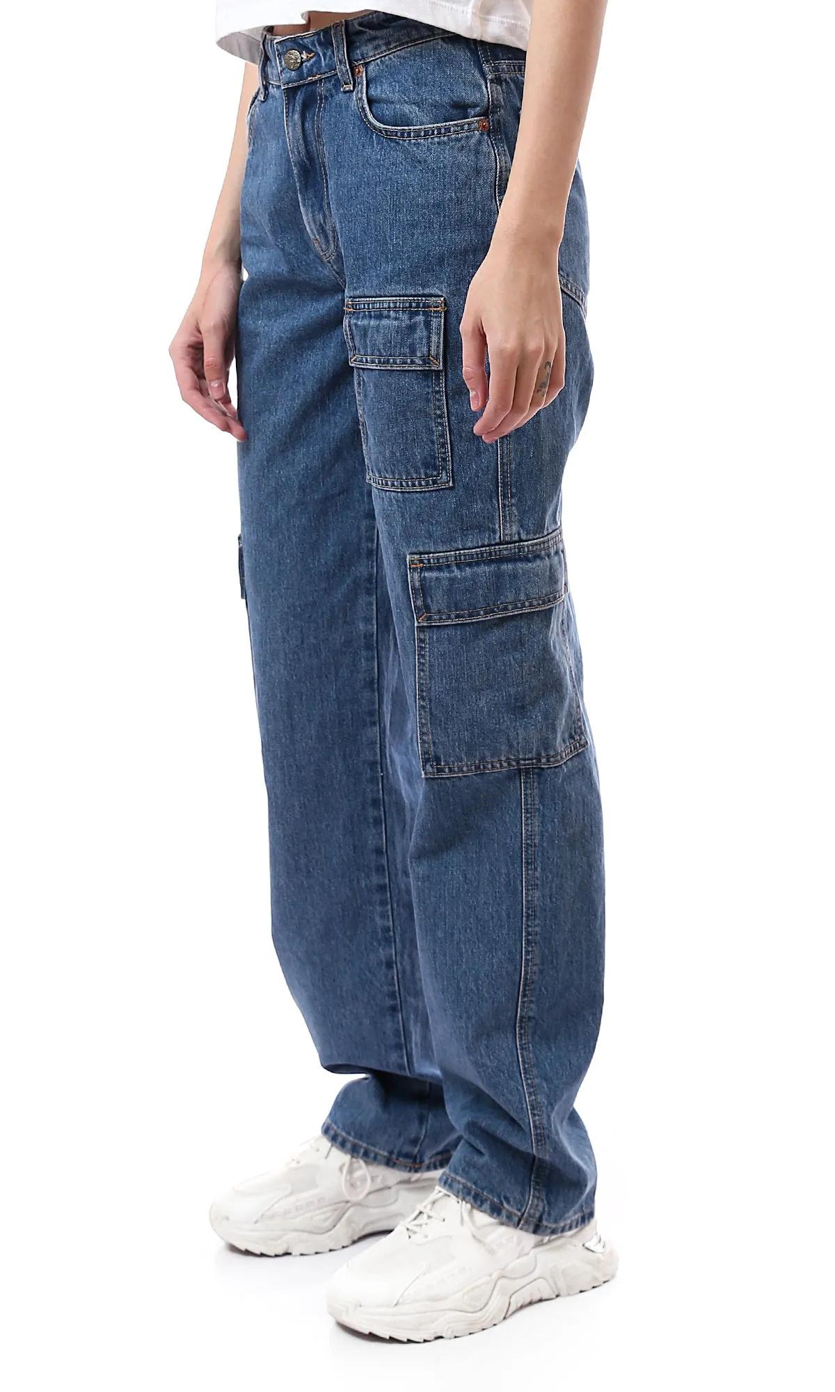 O175796 Solid Standard Blue Wide Leg Cargo Jeans