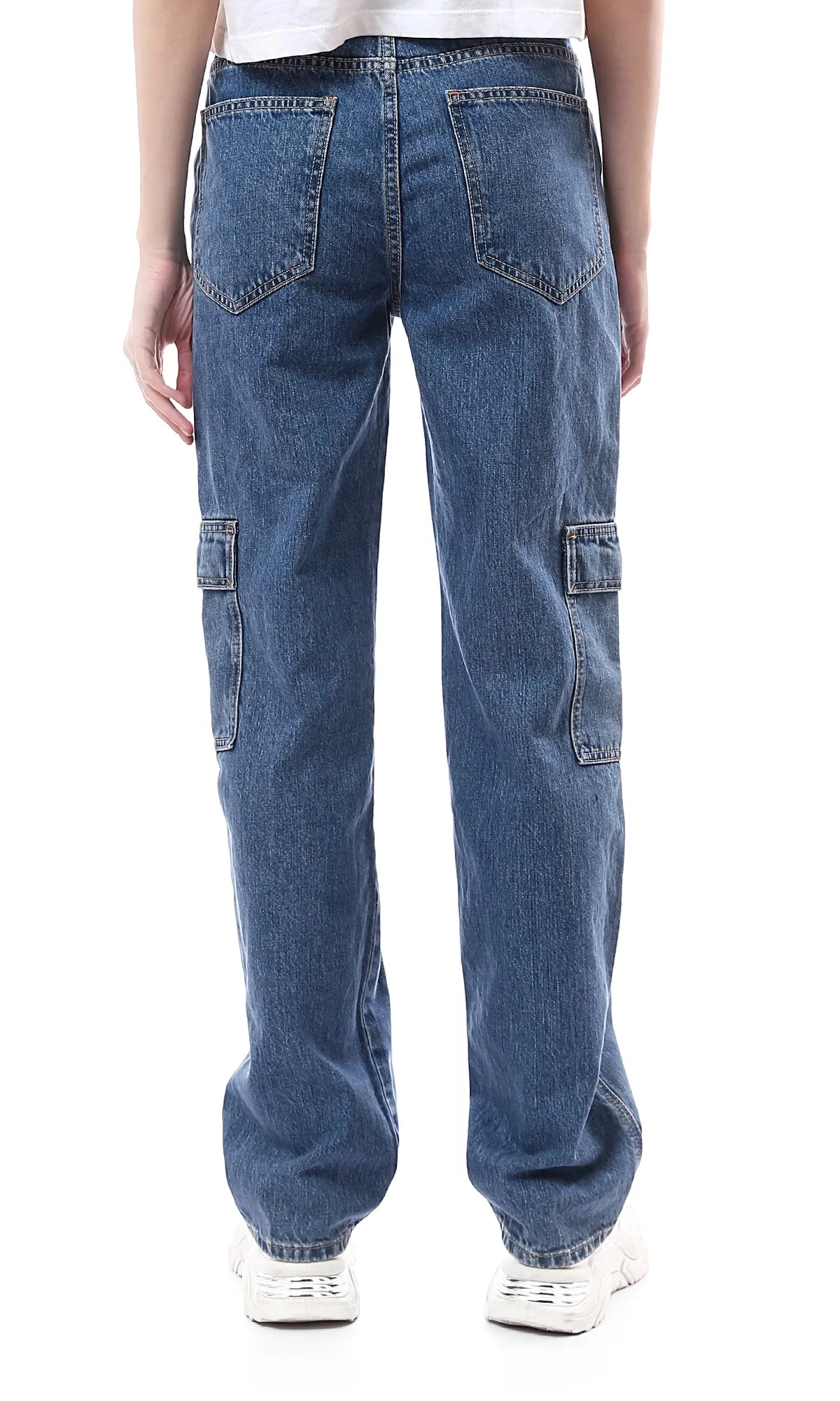 O175796 Solid Standard Blue Wide Leg Cargo Jeans