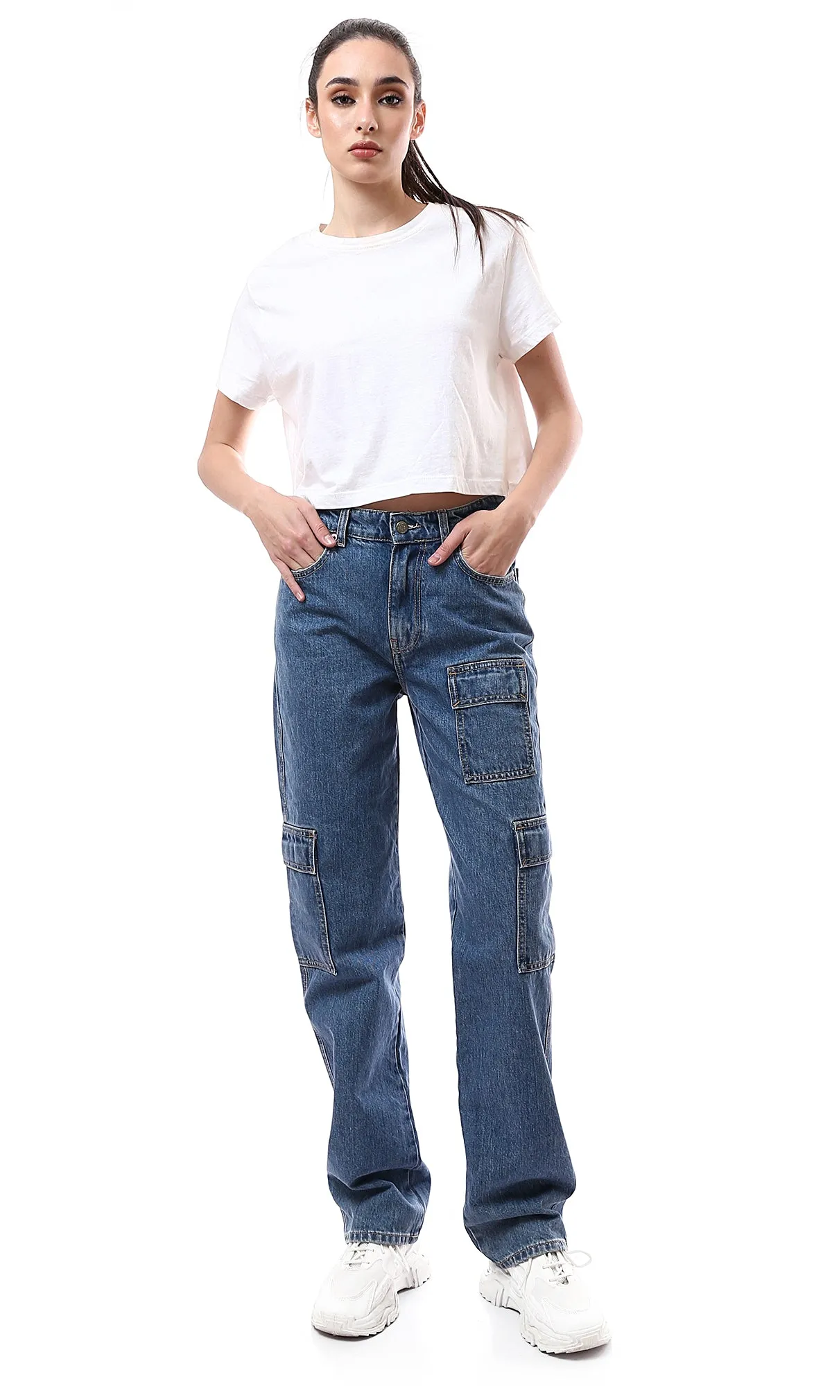 O175796 Solid Standard Blue Wide Leg Cargo Jeans