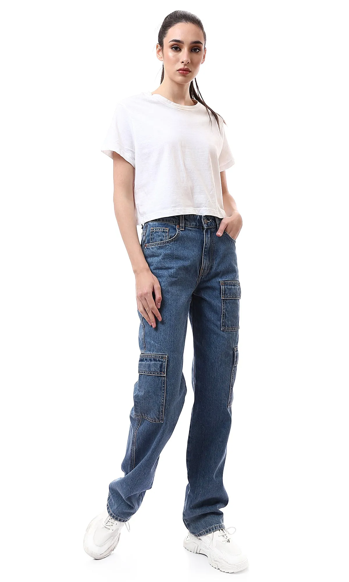 O175796 Solid Standard Blue Wide Leg Cargo Jeans