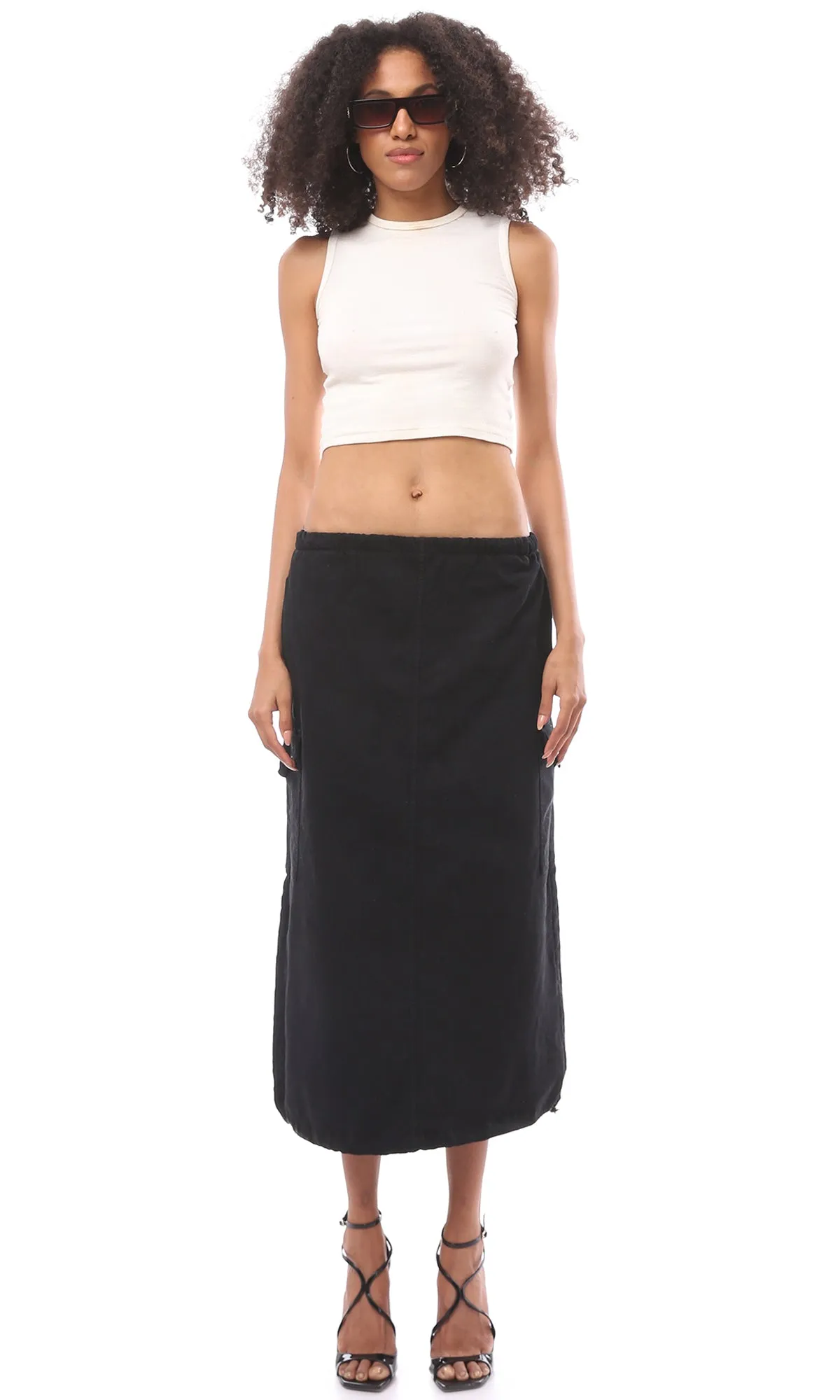 O176296 Solid Elastic Waist Black Midi-Skirt With Back Slit