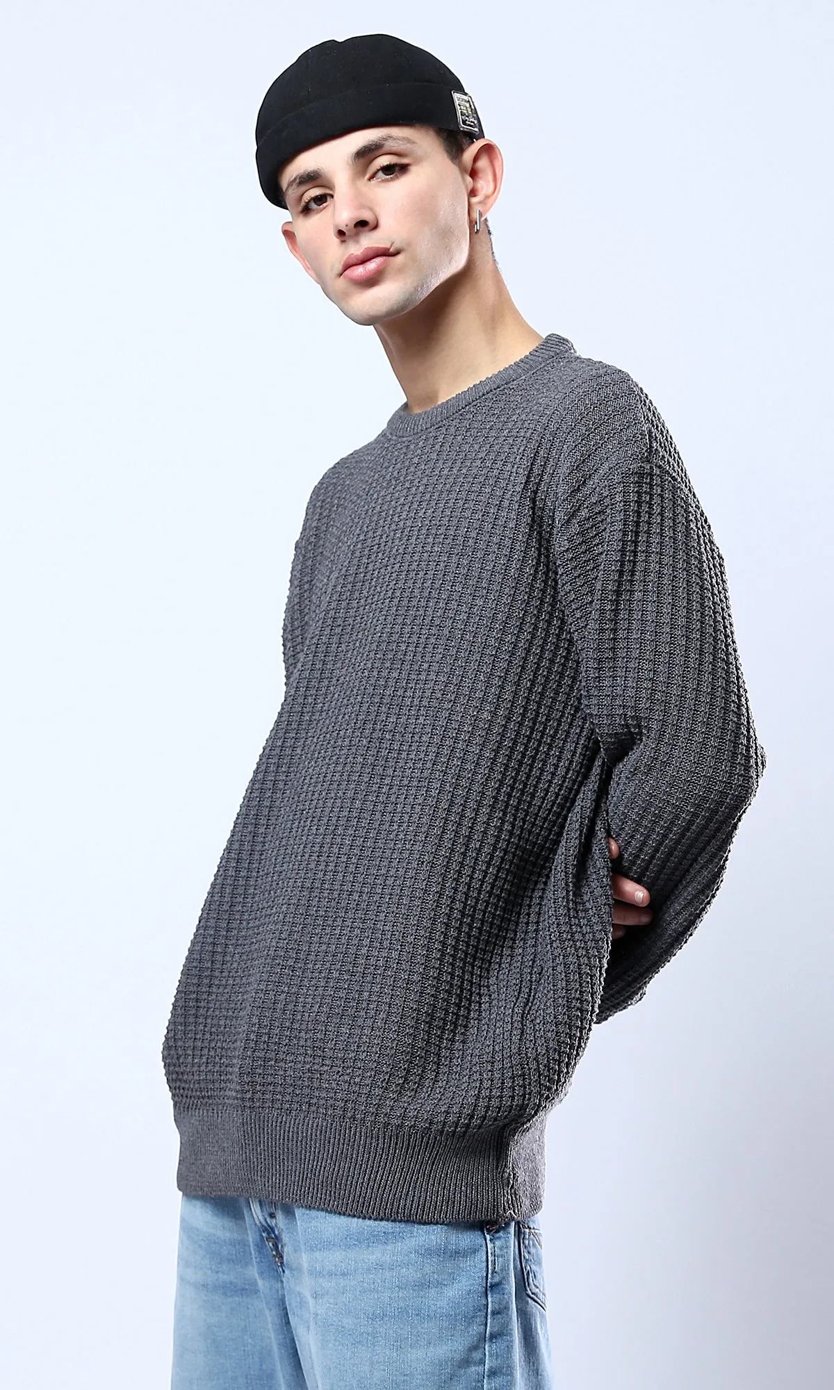 O176370 Dark Grey Pullover With Ribbed Round Neck