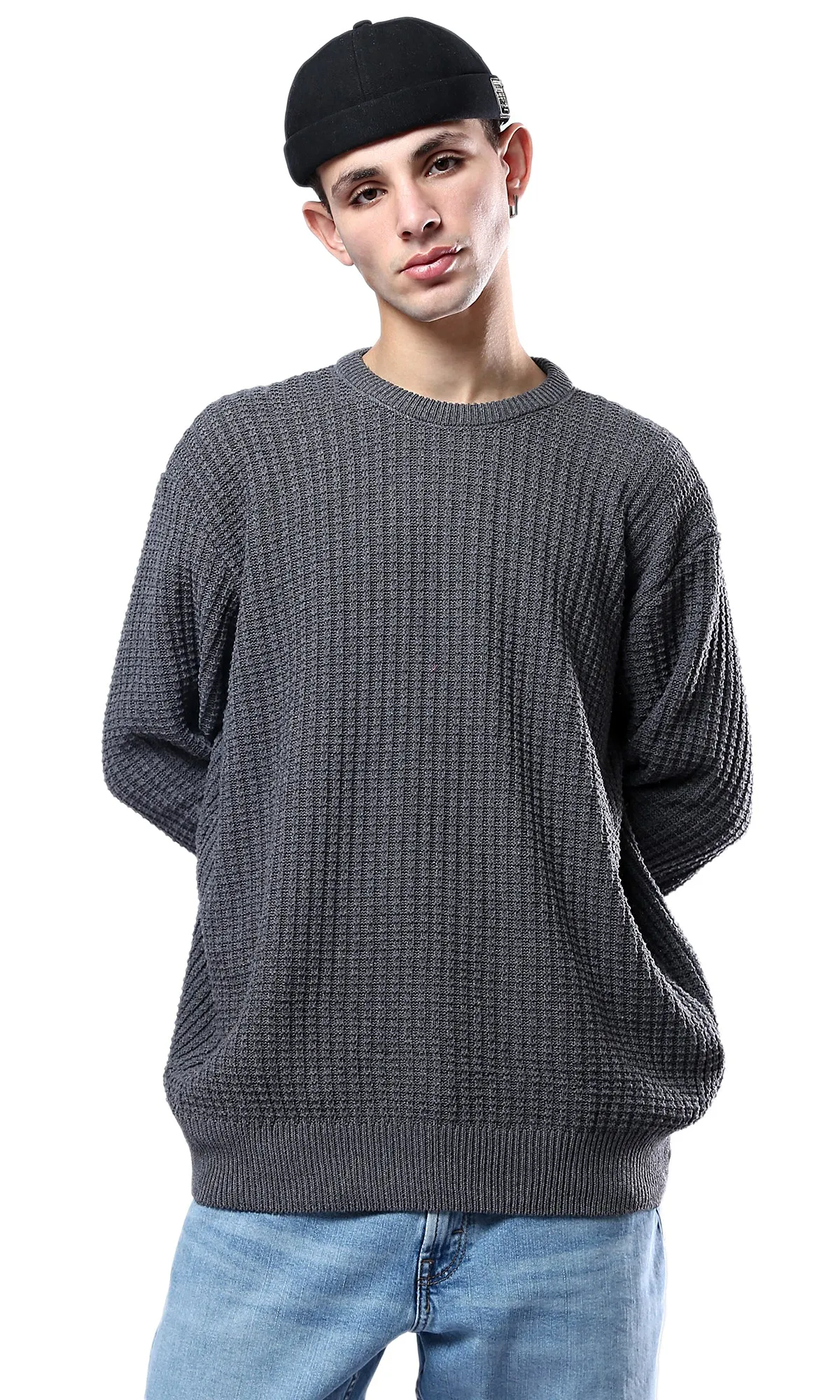 O176370 Dark Grey Pullover With Ribbed Round Neck