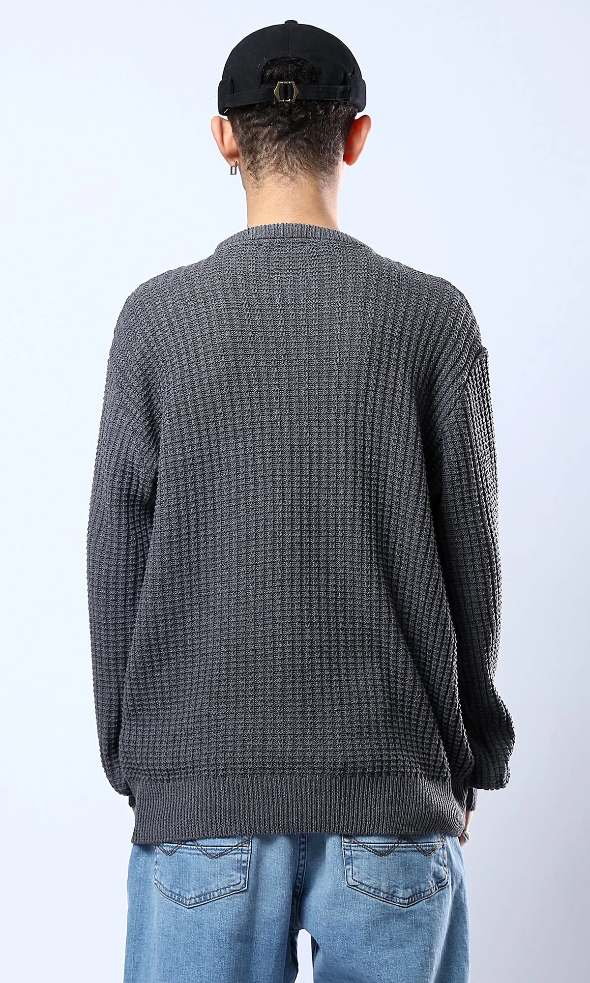 O176370 Dark Grey Pullover With Ribbed Round Neck