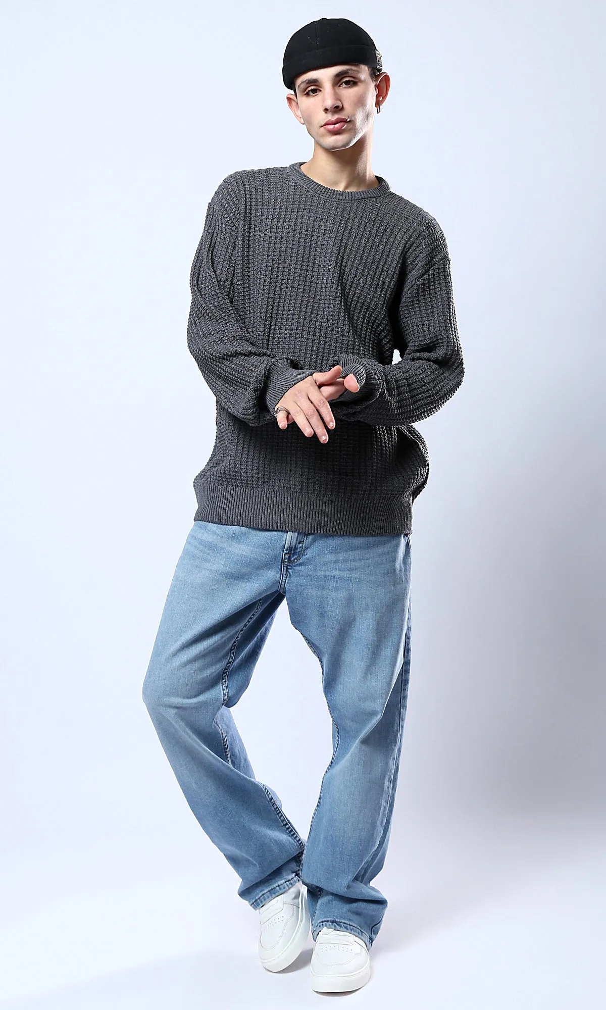 O176370 Dark Grey Pullover With Ribbed Round Neck