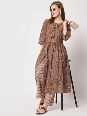 Odette Women Attractive Brown Cotton Printed Stitched Kurta Set