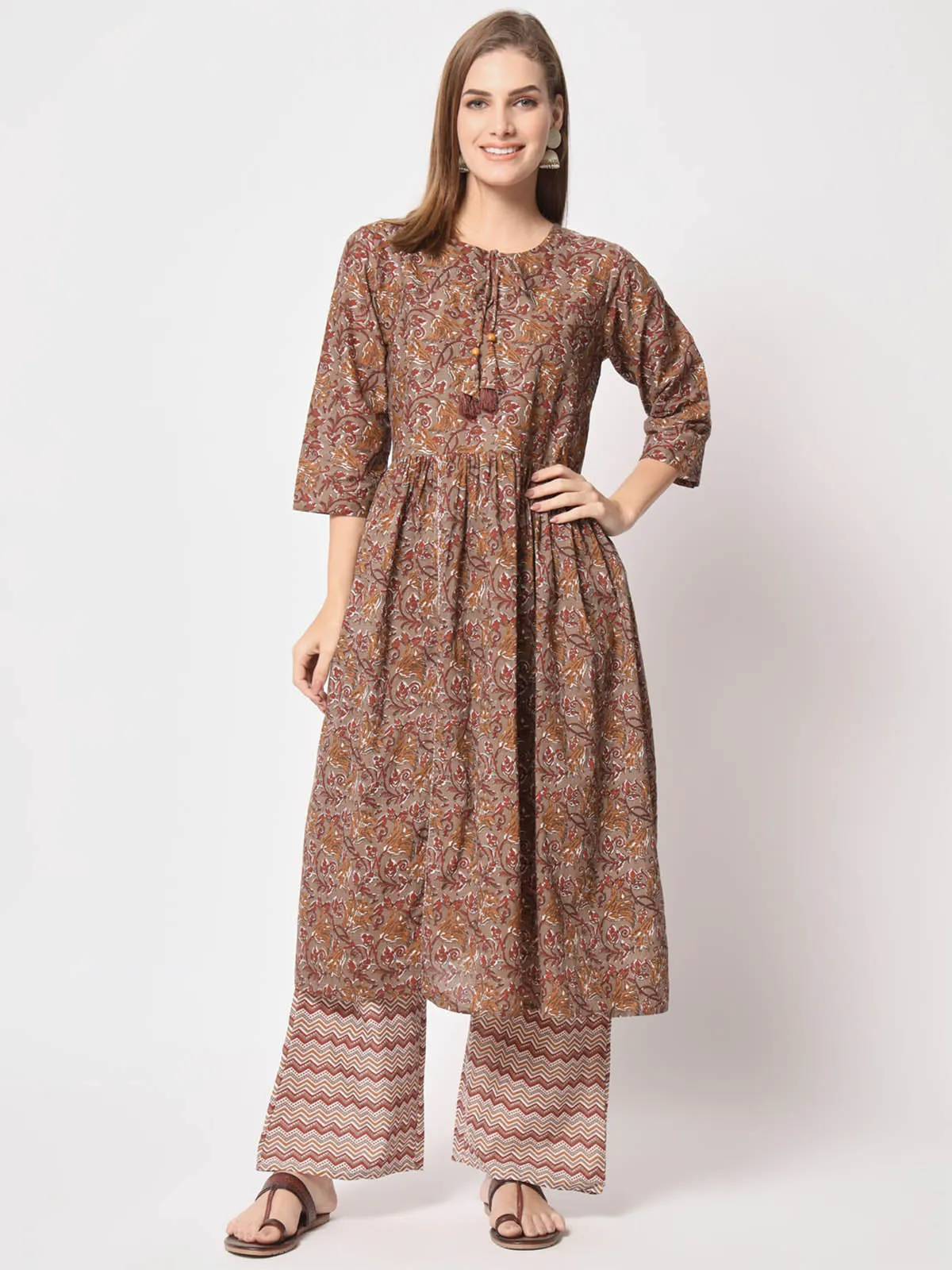 Odette Women Attractive Brown Cotton Printed Stitched Kurta Set