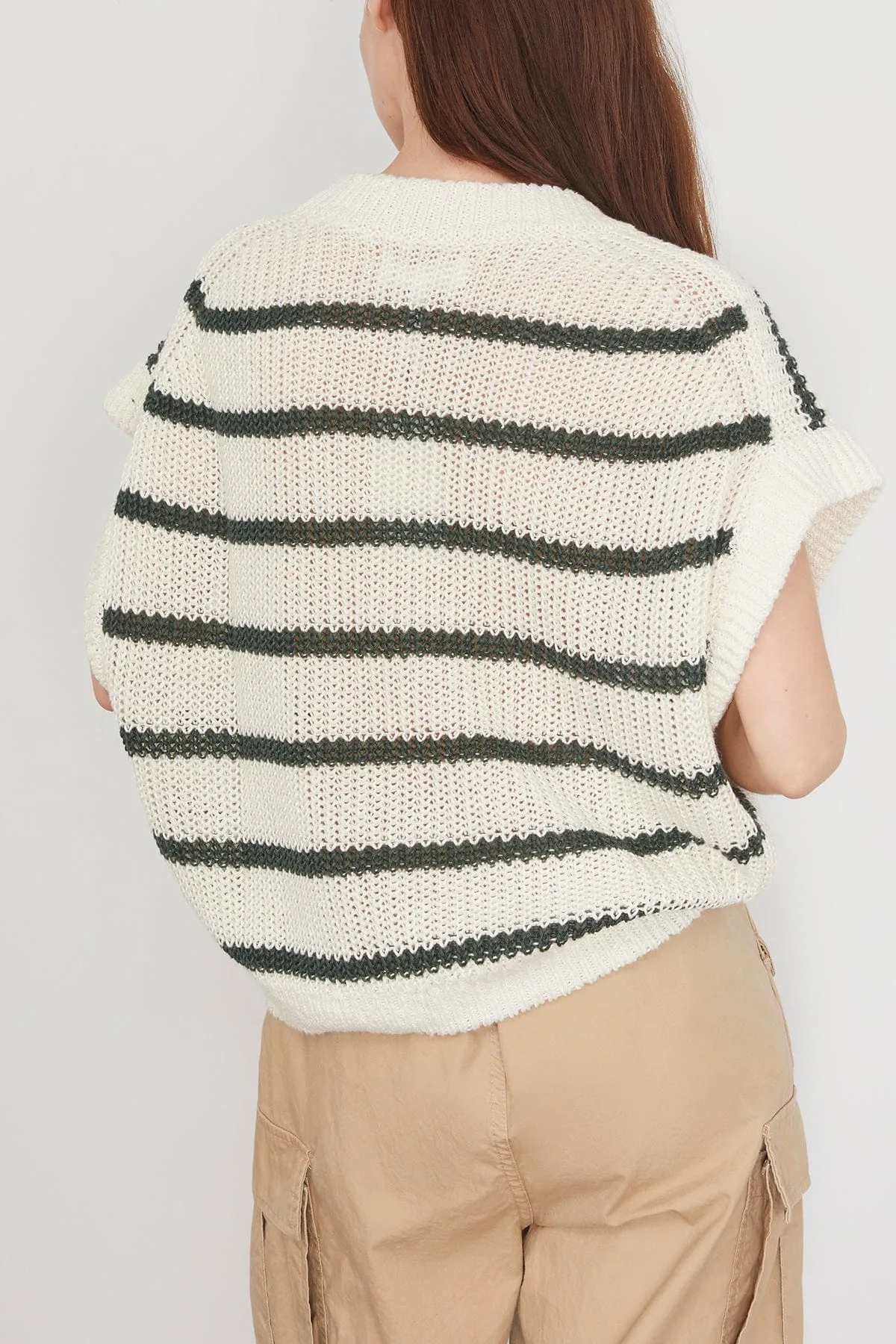 Oliva Linen Vest in Cream and Olivos Stripe