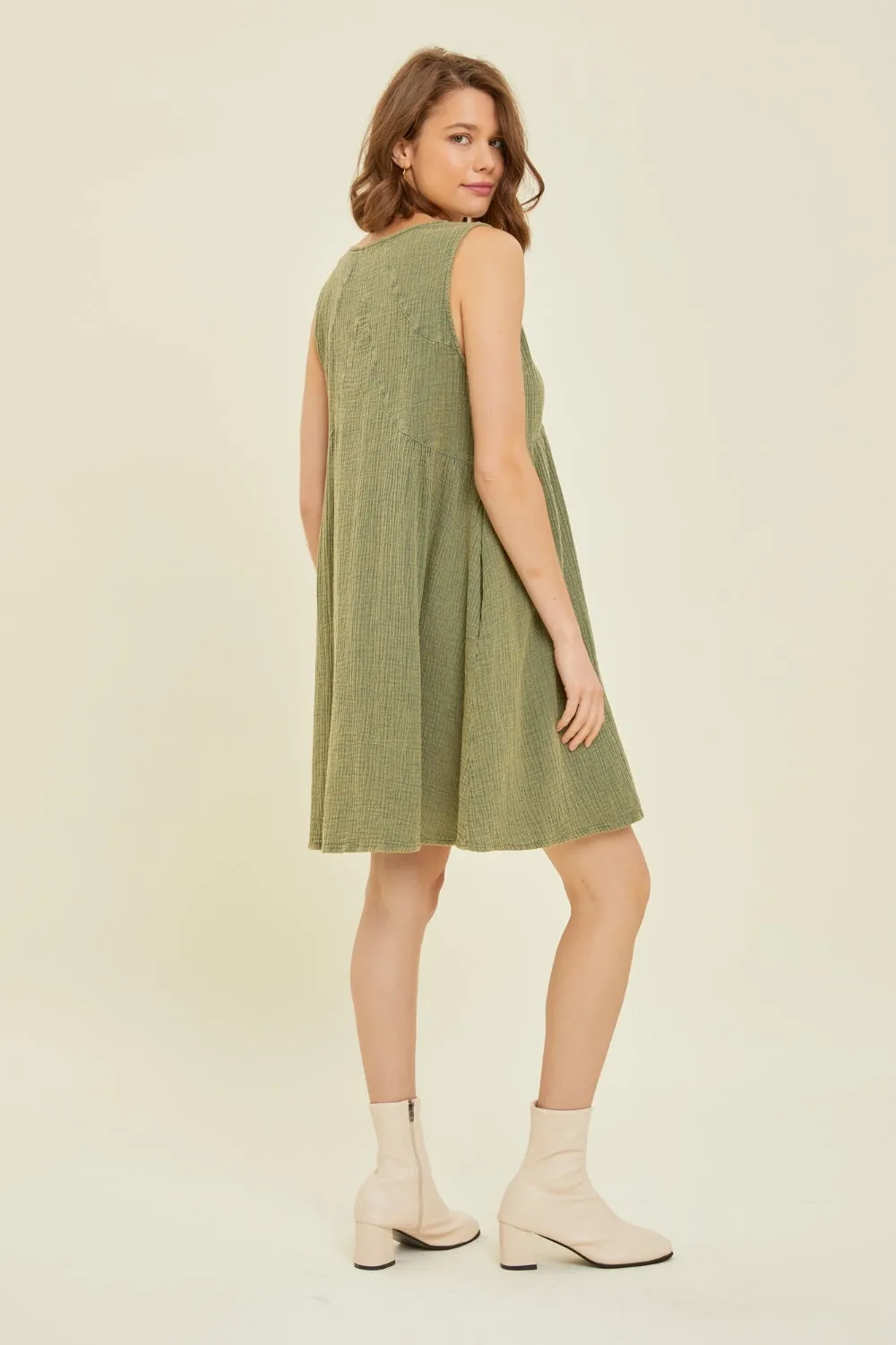 Olive Green Full Size Texture V-Neck Sleeveless Flare Mini Dress