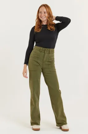 Olive Recycled Wood Twill Denim Dinah Super High Waist Women’s Trouser