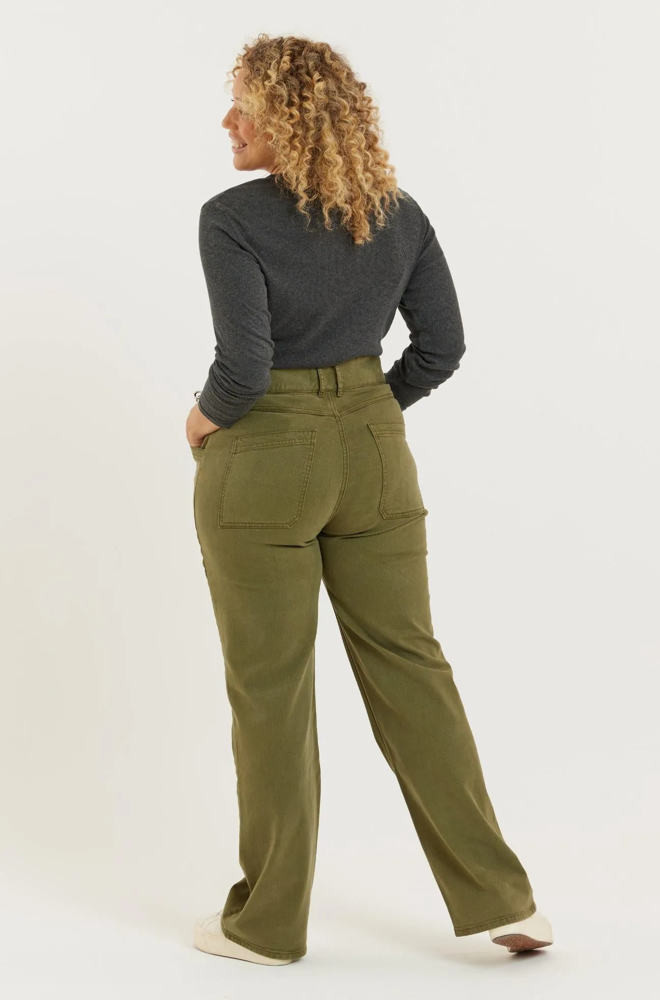 Olive Recycled Wood Twill Denim Dinah Super High Waist Women’s Trouser