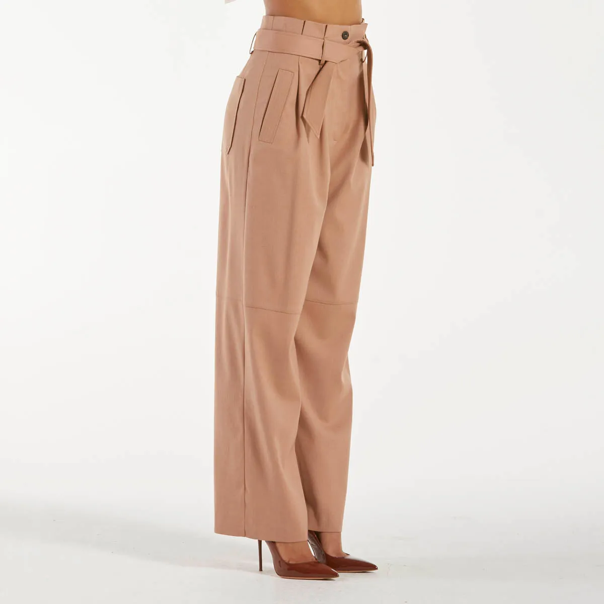 Pinko pantaloni in flanella con cintura beige