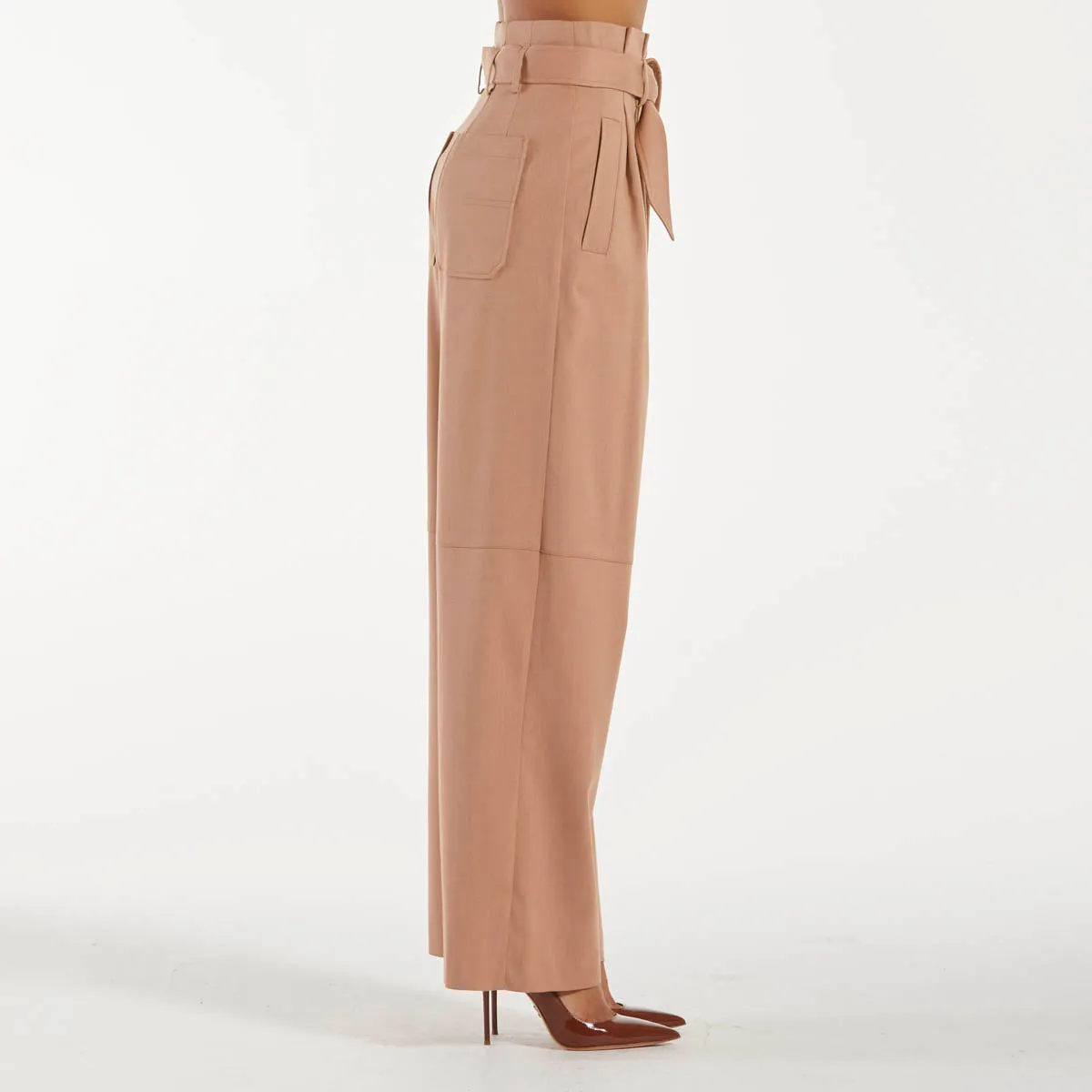 Pinko pantaloni in flanella con cintura beige