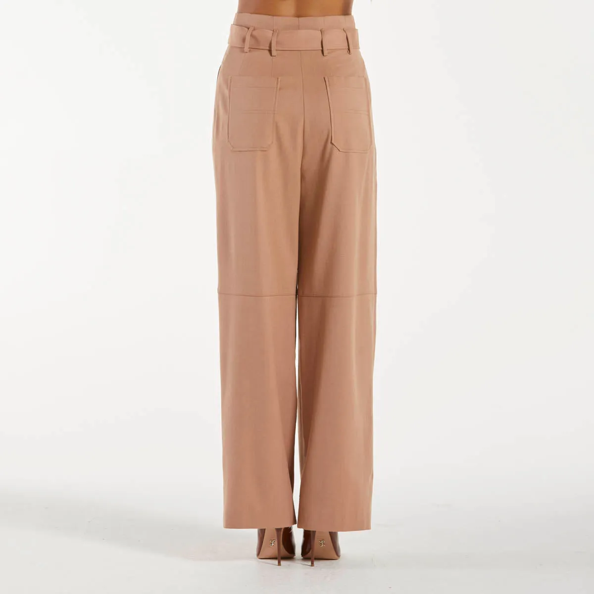 Pinko pantaloni in flanella con cintura beige