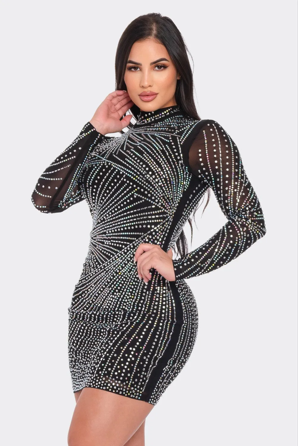 RHINESTONE MESH MOCK NECK BODYCON DRESS