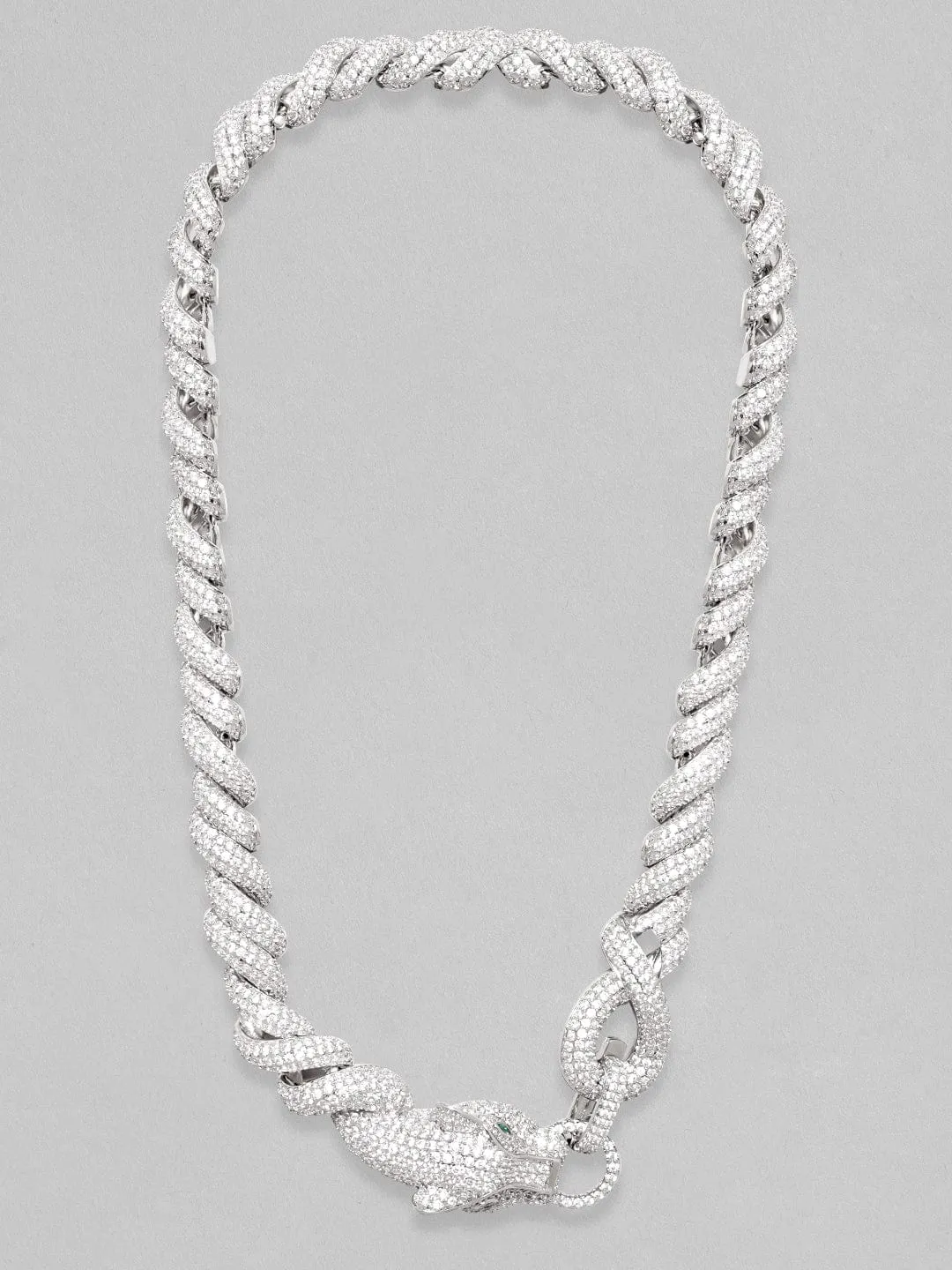 Rubans Rhodium Plated Premium Crystal Link Chain Panther Motif Choker Necklace