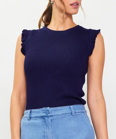 Ruffle Sleeve Knit Top - Navy