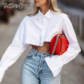 Sexy Crop Top Tassel Solid Color Shirt For Women Lapel Collar Long Sleeve Loose Oversized Shirts Female 2022 New