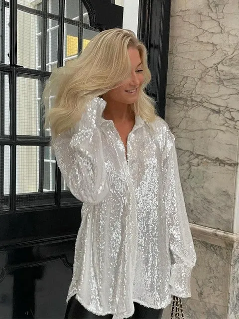 2022 Spring Fashion Sequined Blouse Shirt Dress - Long Sleeve Elegant Dresses