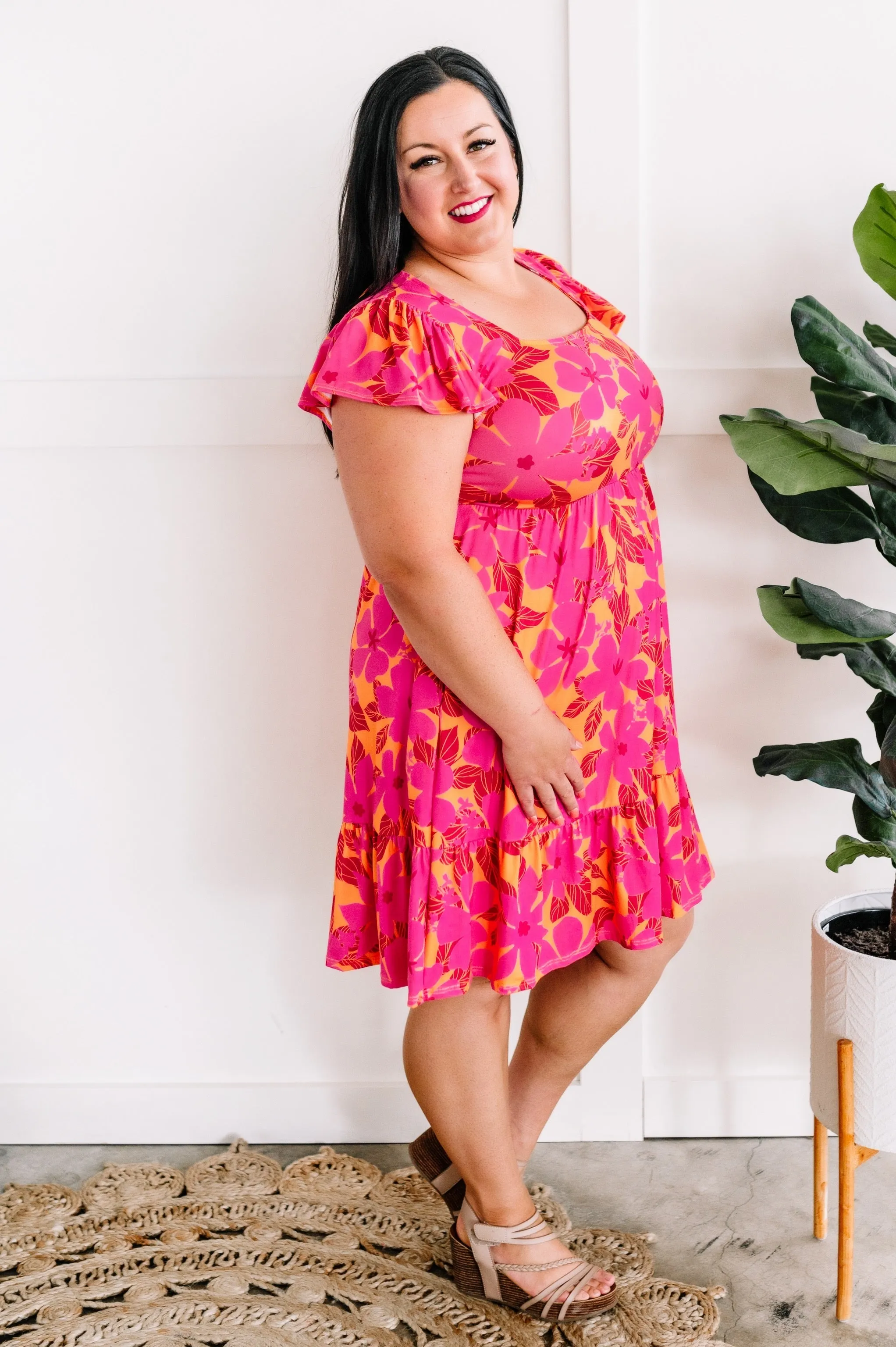 Square Neck Tiered Dress With Pockets In Tropical Sunset