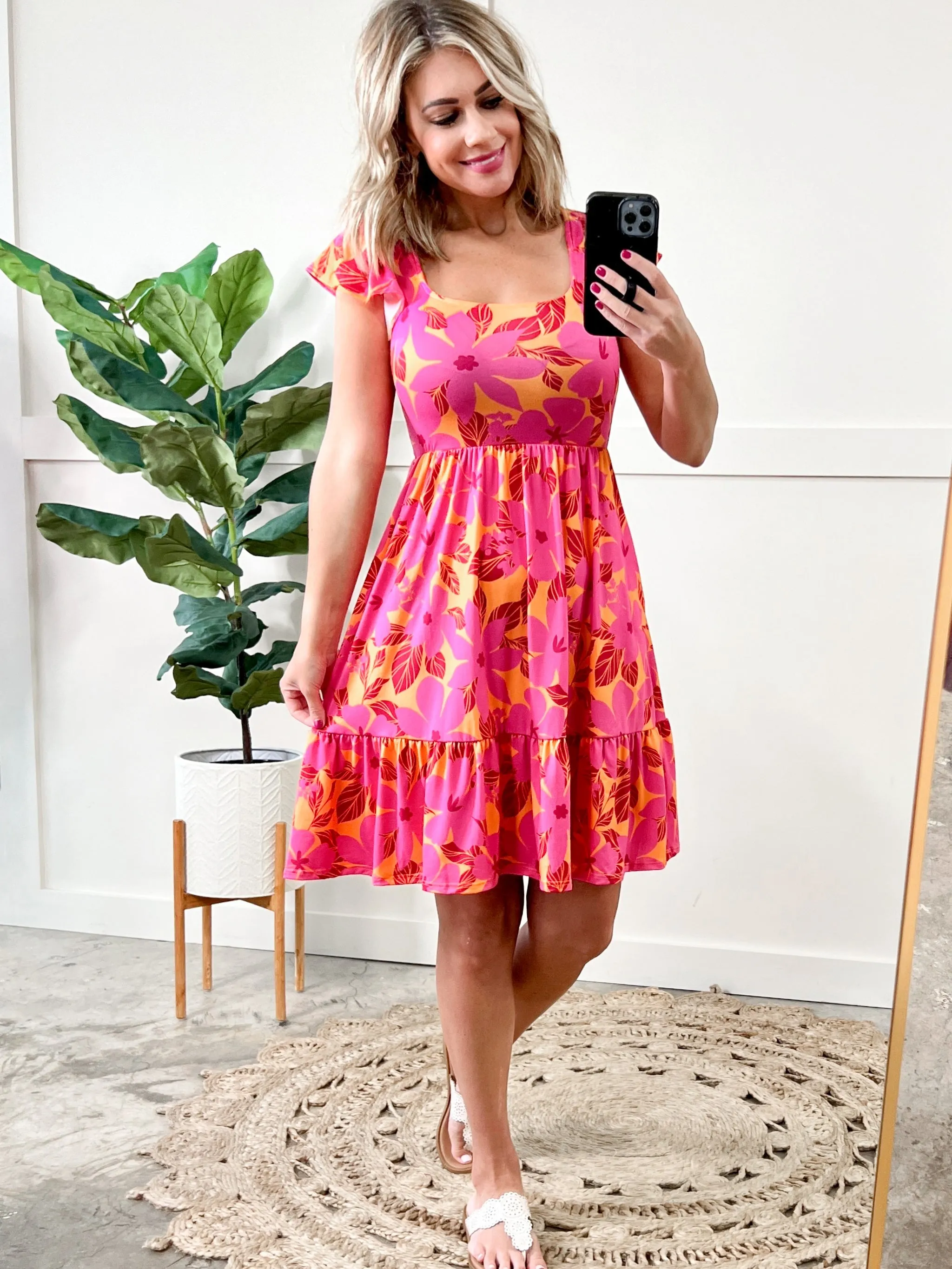 Square Neck Tiered Dress With Pockets In Tropical Sunset