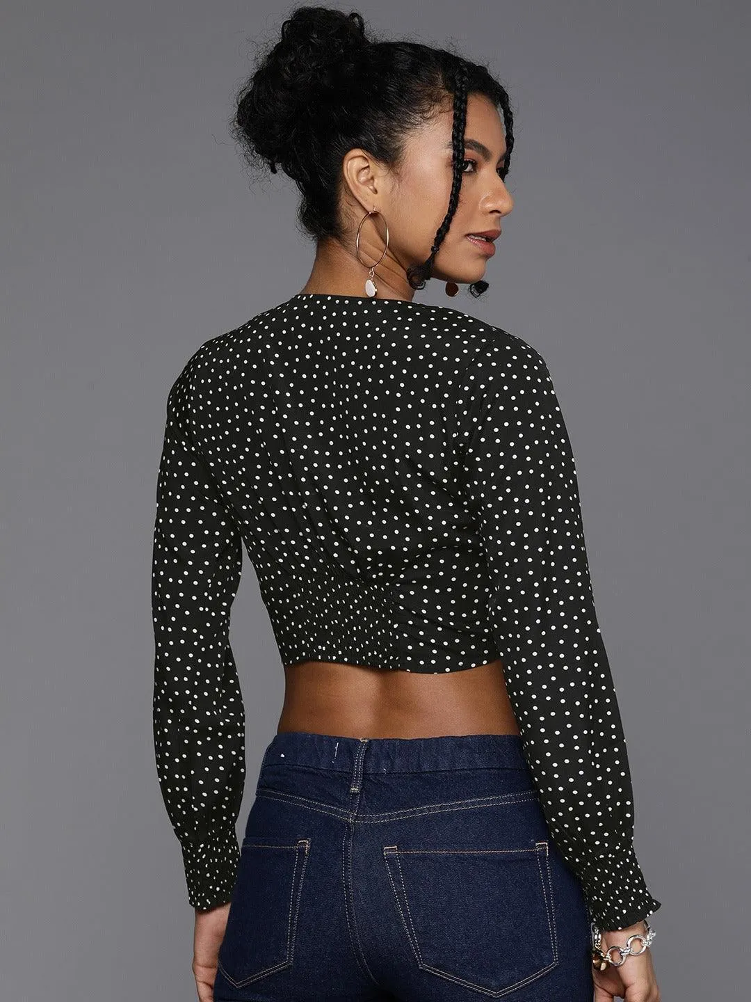 Style Quotient Women Black & White Print Twisted Crepe Crop Top