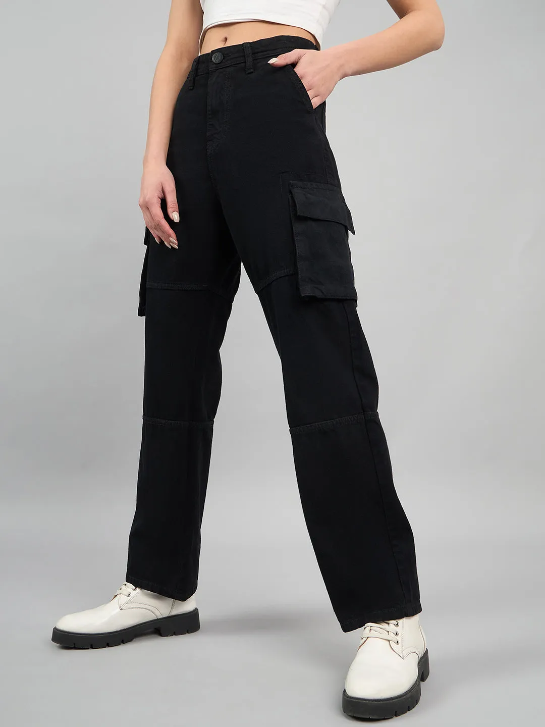 Style Quotient Women Black Relaxed Fit High Rise Cargos