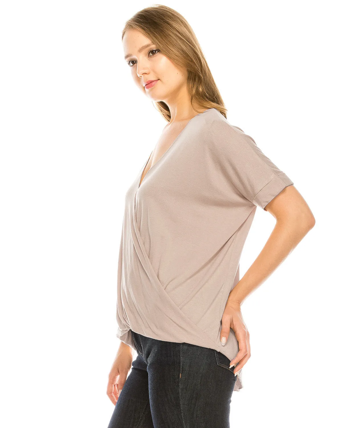 Surplice V-Neck Top Short Sleeve Casual Blouse