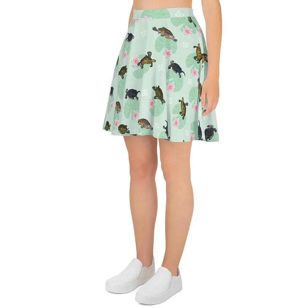 Turtle with Lily Pads Skater Skirt, Cute Reptile Bottom