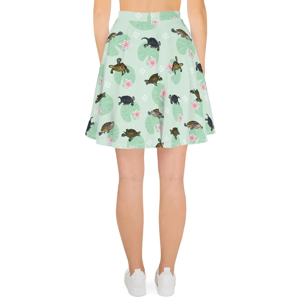 Turtle with Lily Pads Skater Skirt, Cute Reptile Bottom