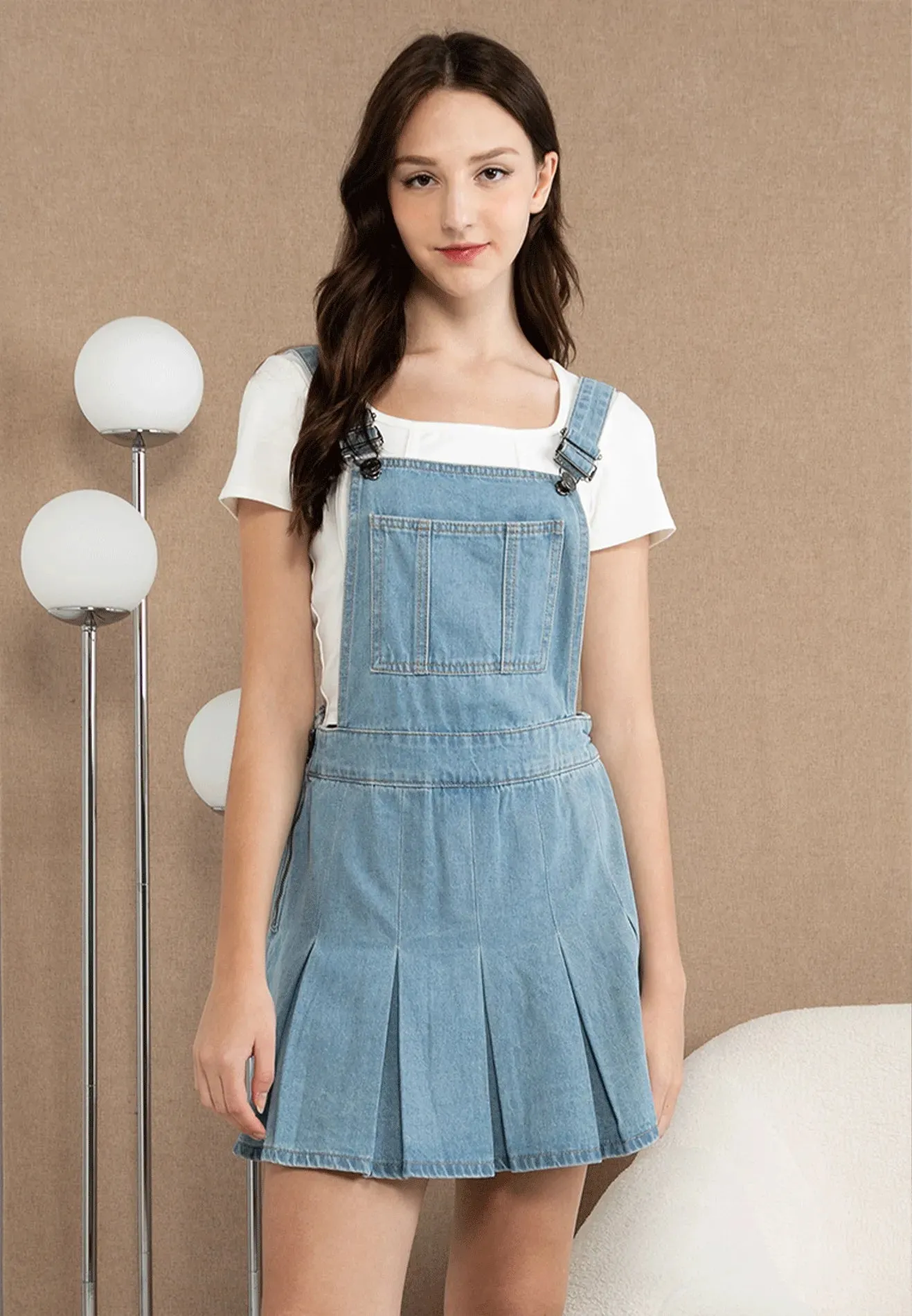 VOIR JEANS Denim Pinafore Pleated Dress