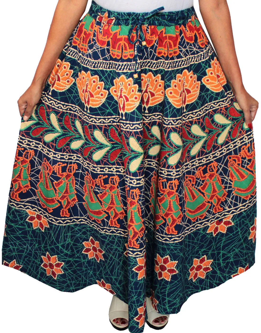 Women Batik Printed Cotton Long Skirt India Clothing (Blue)