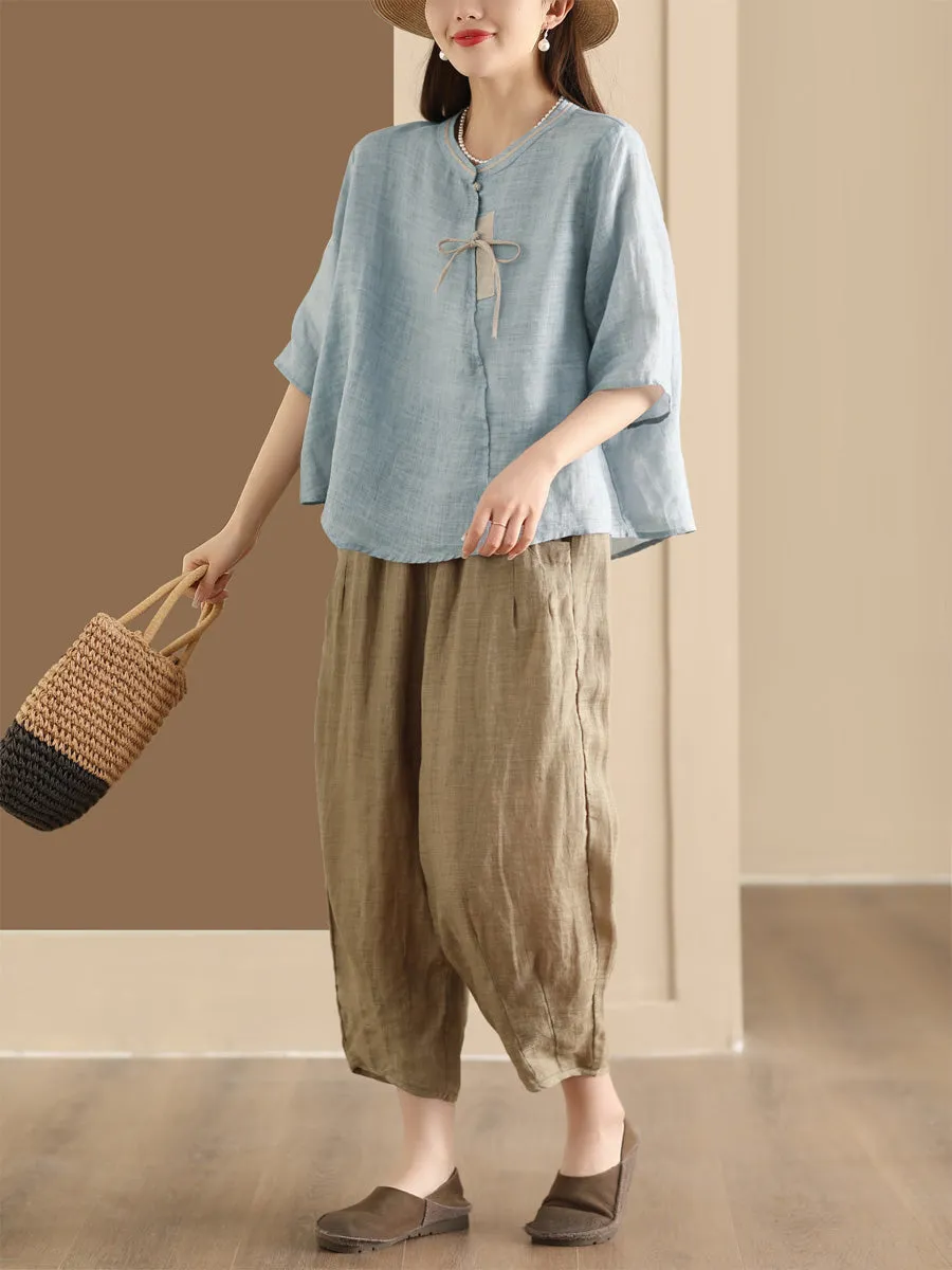 Women Ethnic Summer Spliced Ramie Shirt SC1022