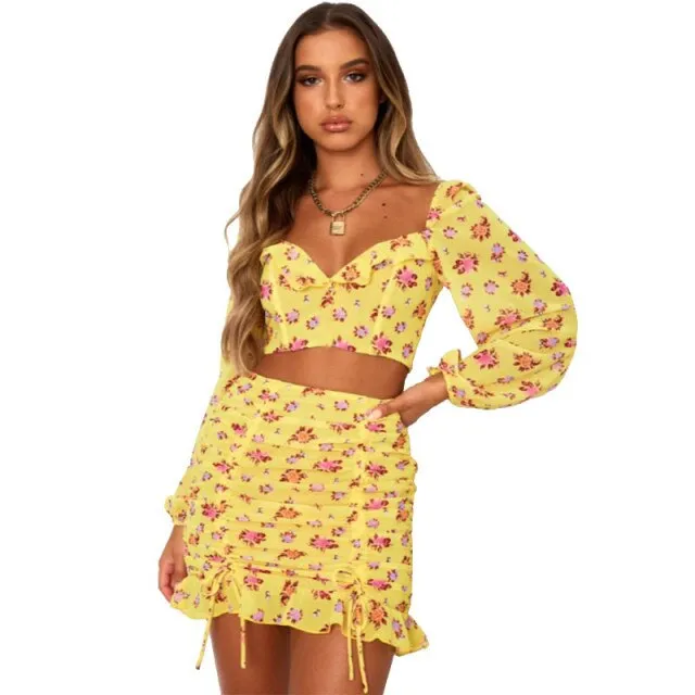 Women Fashion Suit Floral Print Bodycon Clothes Fall Summer Long Sleeve V Neck Shirt Tops Ruched Skirts Ruffle Hem 2PCS Vacation