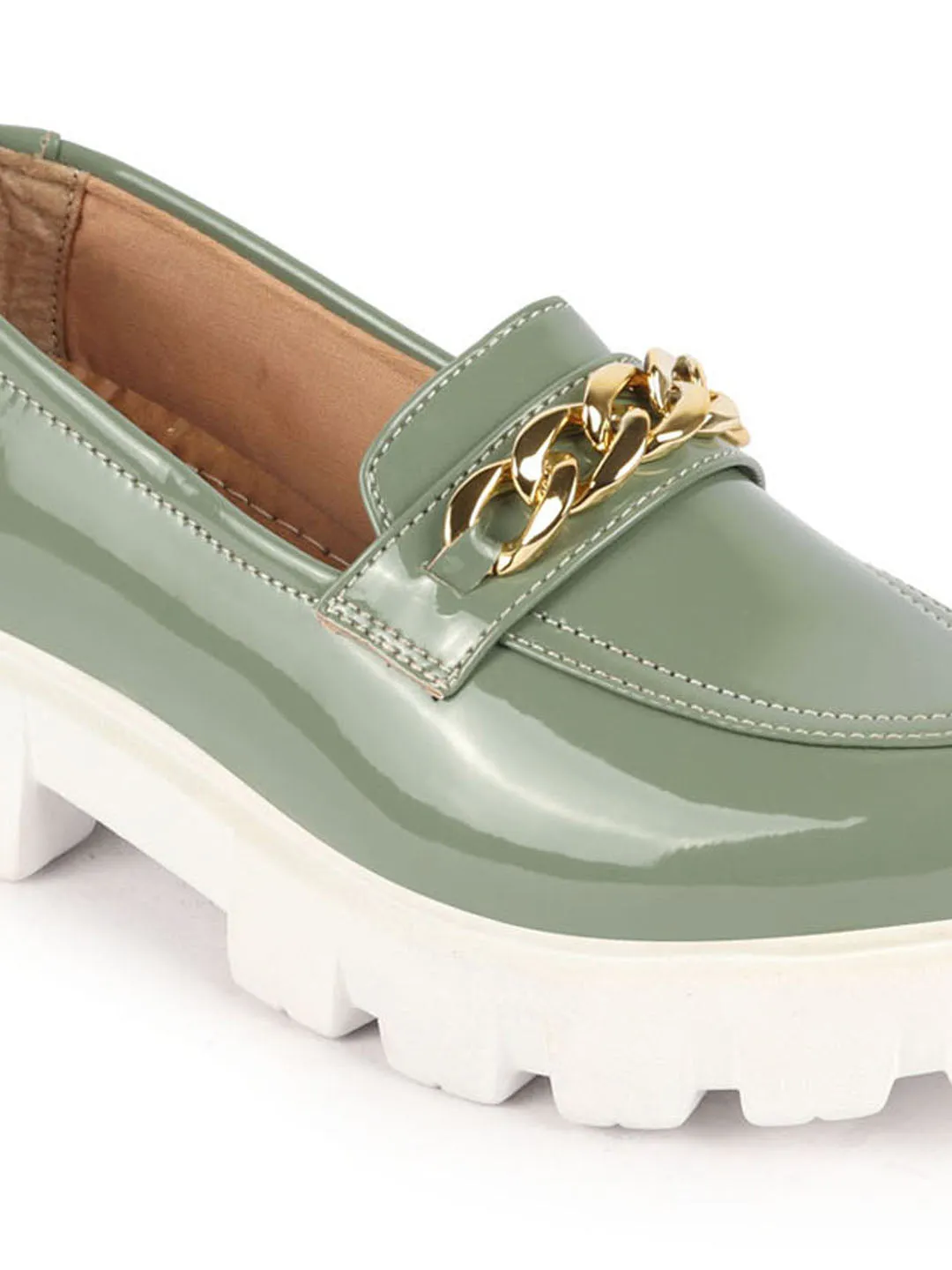 Women Pista Green Patent Leather Shiny Chain Buckle Classic Casual Slip On Loafer Shoes